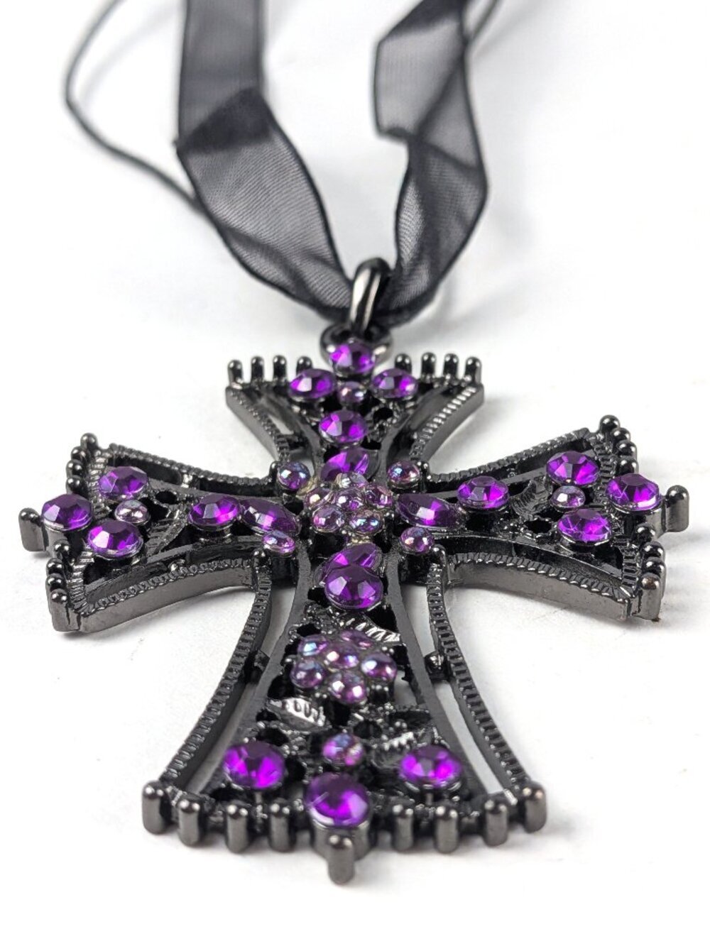 Purple/Black Rhinestone Cross Ribbon Necklace